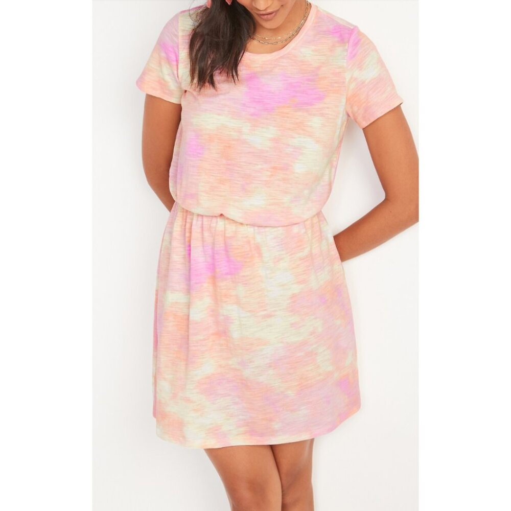 OLD NAVY Womens' Pink/Yellow Warm Tie Dye Waist-Defined Mini T-shirt Dress Sz L
